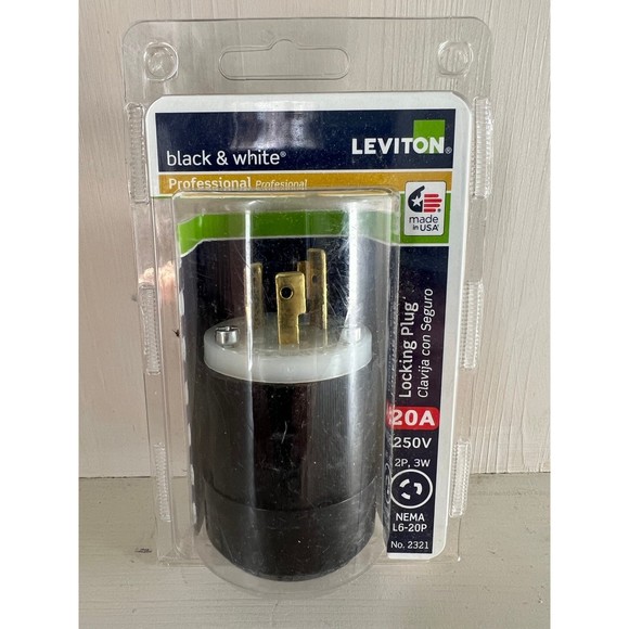 Leviton Black & White Professional 20A Locking Plug for 250V 2P 3W Nema L6-20P - Picture 1 of 2